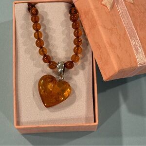 Genuine Baltic Amber Beaded Necklace with Heart Pendant | Sterling Silver